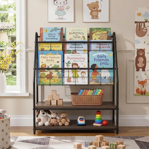 Miniatura 2 de VECELO Estante de almacenamiento para libros de fotos para niños, organizador industrial de pie, estante de exhibición de libros para niños