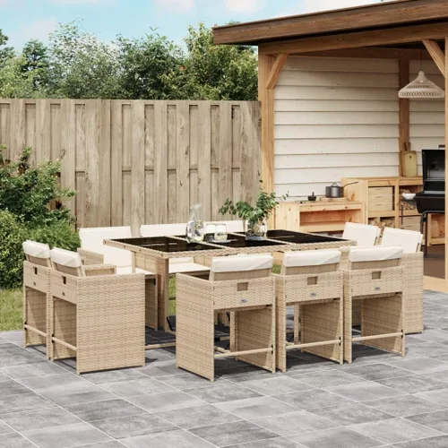 Miniatura 14 de 17-Piece Brown Poly Rattan Patio Dining Set with Cream White Cushions, Foldable Chairs and Tempered Glass Table for Outdoor Garden Backyard Patio