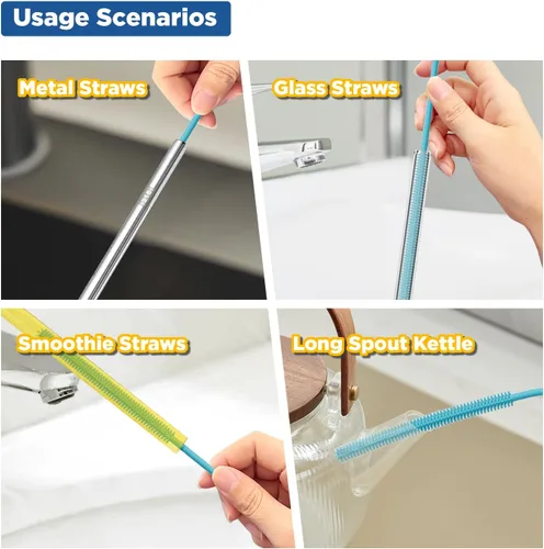 Miniatura 6 de YOTIME Cepillo Limpiador de Pajitas de Silicona, 2 Piezas Cepillo Reutilizable para Pajitas Extra Largo para Limpiar Vaso con Mango y Pajitas de Azul