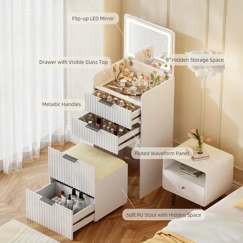 Miniatura 3 de Gurexl Pequeño tocador acanalado con espejo y luces, juego de tocador compacto 3 en 1 con taburete de almacenamiento oculto, mini tocador con 3