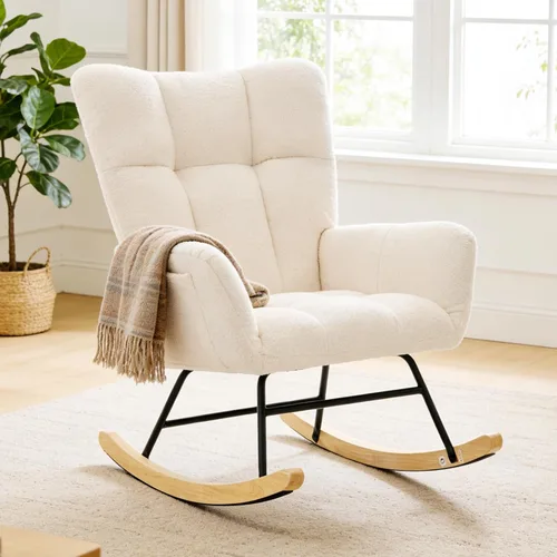 Miniatura 11 de DUMOS Mecedora con respaldo alto, silla deslizadora tapizada de lectura para interiores con asiento cómodo, balancín deslizante para dormitorio