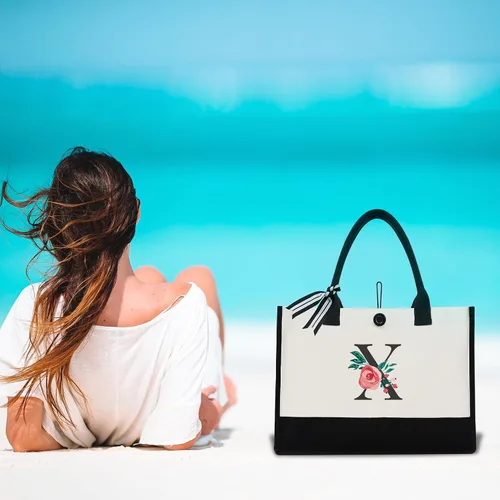 Miniatura 70 de Bolsa de lona con inicial, regalos de cumpleaños personalizados para mujeres, madres, amigas y profesoras, bolsas de mano con monograma adecuadas