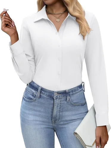 HOTOUCH Camisas abotonadas para mujer de manga larga elásticas camisas de vestir sin arrugas blusas de trabajo ajuste ceñido tops de oficina,