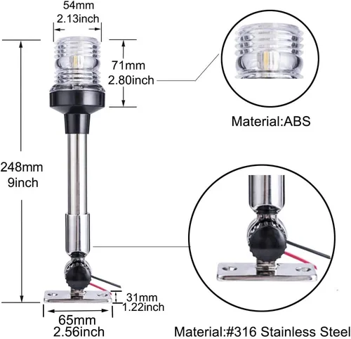 Miniatura 2 de Young Marine Faros de anclaje de navegación de 9 pulgadas 3-NM, luz LED blanca todo alrededor de 360° con soporte de acero inoxidable, 12-24V