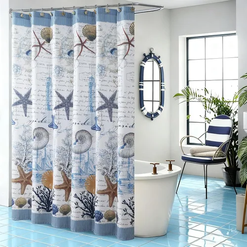 Cortina de ducha costera con temática de playa, decoración náutica del océano con faro, conchas marinas, estrellas de mar y coral, tela de poliéster