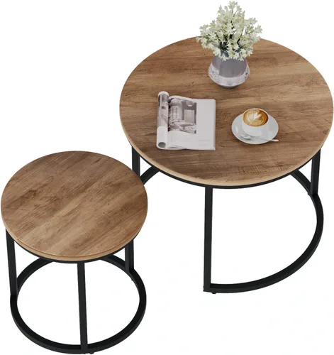 Miniatura 8 de Smuxee - Juego de 2 mesas de café anidadas, mesa de centro redonda de 23.6" con tapa de grano de madera y pies ajustables antideslizantes, mesa Roble