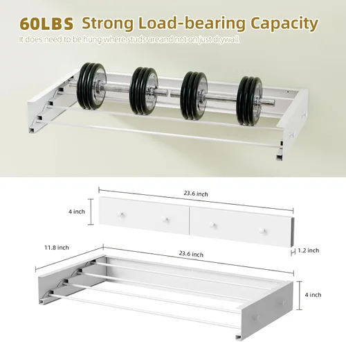 Miniatura 6 de Tendedero de pared para lavandería de 23.6 pulgadas, tendedero plegable para secar ropa montado en la pared con 4 ganchos para toallas y 4 varillas
