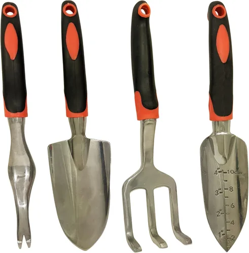 SciencePurchase Juego de 4 herramientas de jardinería – Paleta de trasplante, rastrillo cultivador de mano, paleta de mano y removedor de malezas,