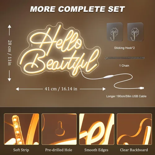 Miniatura 3 de LooKLight Letrero de neón con texto en inglés «Hello Beautiul», color blanco cálido, letras de neón para decoración de pared, letreros de luz LED