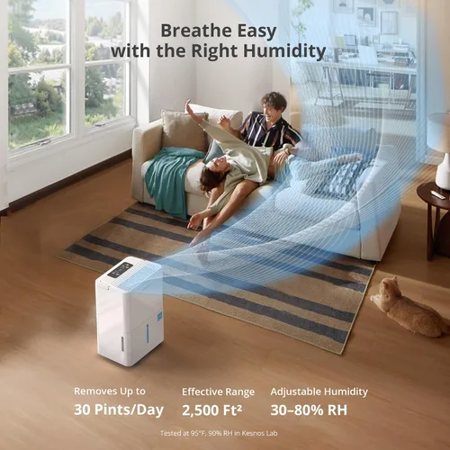 Miniatura 2 de Kesnos Deshumidificador Energy Star 2025 de 30 pintas para espacios de hasta 2500 pies cuadrados, deshumidificador silencioso para el hogar
