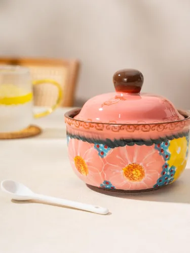 Miniatura 9 de Silesia Tazón de Azúcar Hecho a Mano con Tapa y Cuchara, Tarro de Azúcar de Cerámica Pintado a Mano de 10 Onzas para Cocina en Caja de Regalo, Rosa