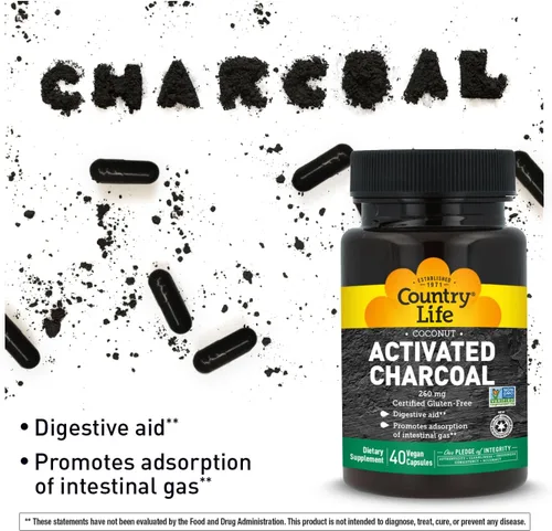 Miniatura 10 de Country Life Cápsulas de carbón activado de coco, 260 mg – Suplemento de carbón natural para aliviar los gases y la hinchazón – Sin gluten, 40