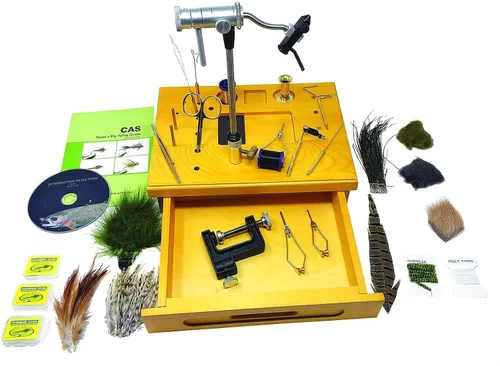 Miniatura 6 de Creative Angler Estación de atado de moscas de madera con tornillo de banco giratorio, herramientas de atado de moscas y materiales de atado