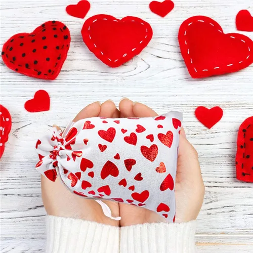 Miniatura 4 de eyigylyo Bolsa de arpillera de corazón para el día de San Valentín con cordón, 12 bolsas de dulces de San Valentín, bolsas de joyería para el día