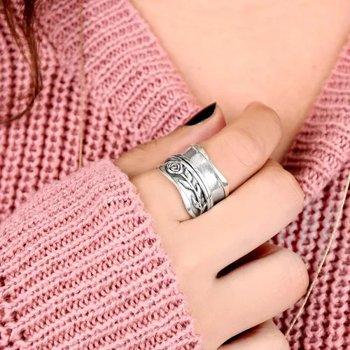 Miniatura 2 de Boho-Magic Anillo giratorio de plata de ley 925 para mujer, diseño de flor rosa, alivio de la ansiedad, banda ancha