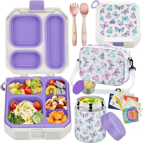 Miniatura 10 de wiwens Lonchera Bento para Niños con Termo para Sopa de 12 oz a Prueba de Fugas, Contenedor de Comida para Almuerzo con 5 Compartimentos, Frasco