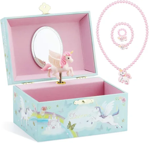 RR ROUND RICH DESIGN Caja de almacenamiento de joyas musicales con purpurina y juego de joyas para niñas pequeñas con unicornio giratorio y arco