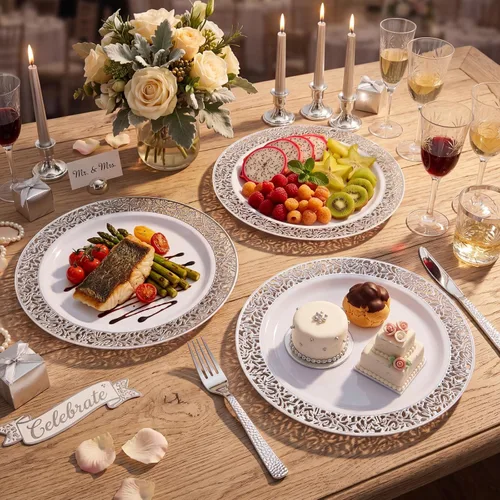 Miniatura 5 de supernal 100 platos de plástico plateado 10.25 para fiesta grande, platos de plástico blanco con borde plateado, platos desechables resistentes