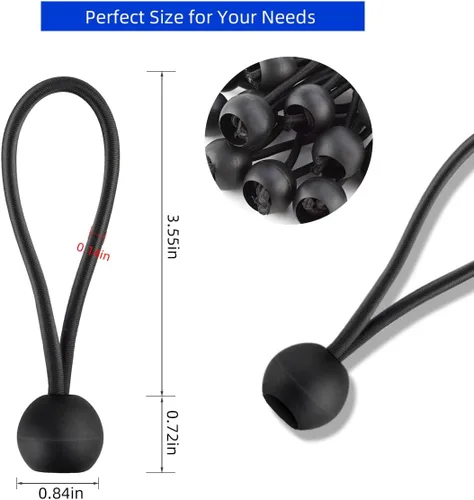 Miniatura 2 de Paquete de 20 cuerdas elásticas negras con bola, cuerdas elásticas de lona elástica de 4 pulgadas, correas de amarre para camping, toldo, refugio