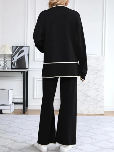 Miniatura 4 de SuperPrity Conjunto de 2 piezas de suéter para mujer, con cuello de muesca, manga larga, suéter de punto y pierna ancha