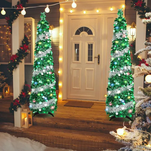 Miniatura 6 de Árboles de Navidad de 5 pies con 90 luces coloridas, árbol de Navidad plegable de lentejuelas artificiales, árbol de Navidad de oropel alto y Plata