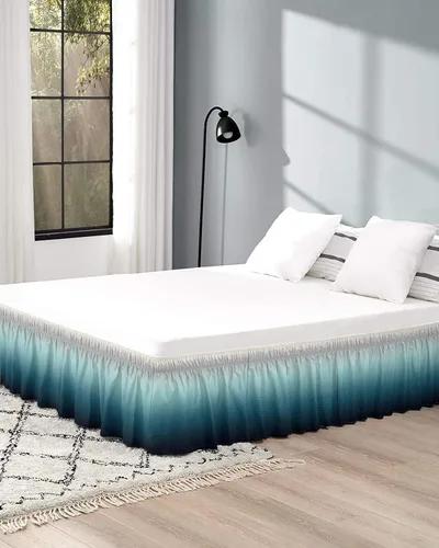 Miniatura 5 de Falda de cama turquesa degradada, tamaño Queen de 16 pulgadas de caída, ajustable y elástica, faldas de cama plisadas de lujo con volantes para cama
