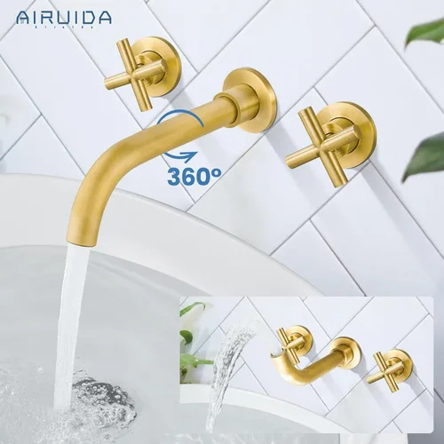 Miniatura 2 de Airuida Grifo de baño de latón macizo con boquilla giratoria 360, grifo mezclador de lavabo con válvula áspera y asas cruzadas dobles de latón
