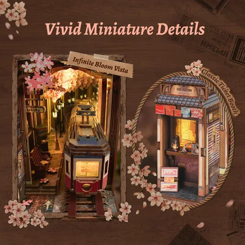 Miniatura 4 de FUNPOLA Kit de rincón de lectura del tren Sakura – Rompecabezas de madera 3D con LED y espejo infinito – Decoración de estantería DIY, manualidad