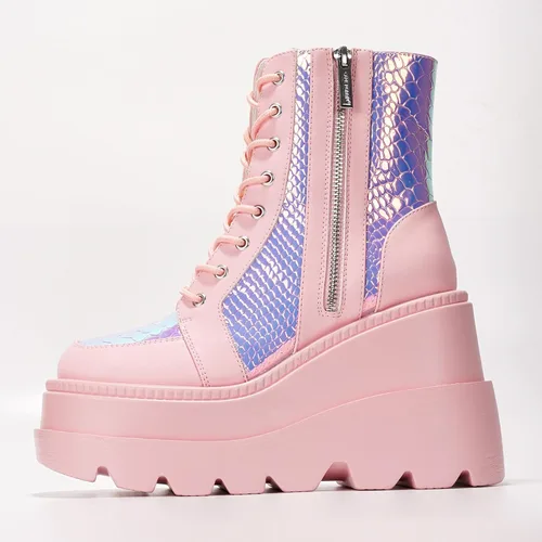 Miniatura 4 de Cape Robbin Botines de plataforma holográficos para mujeres, tacones gruesos en bloque, punta puntiaguda, cuero PU con correa de hebilla