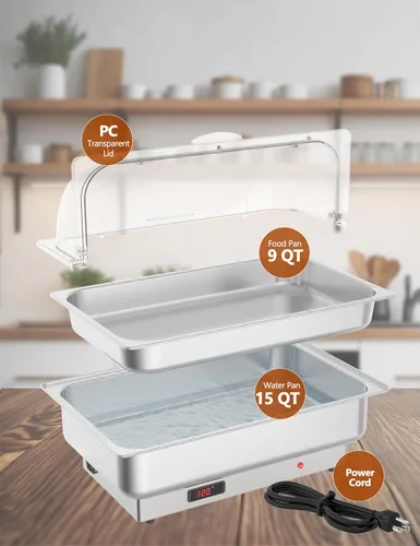 Miniatura 4 de GarveeHome Juego de bufé eléctrico de acero inoxidable con tapa enrollable con 1 sartén de 9 cuartos de galón, control de temperatura de 400 W