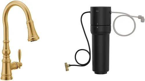 Miniatura 33 de Moen WeymouthBrushed Gold S73104BG - Grifo de cocina con resorte de preenjuague de un mango con refuerzo de potencia para una limpieza más rápida