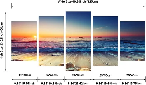 Miniatura 6 de Pyradecor paisaje de mar moderno en 5 paneles HD, impresiones en lienzo, foto del mar y la playa de gran tamaño, obra de arte en lienzo de pared