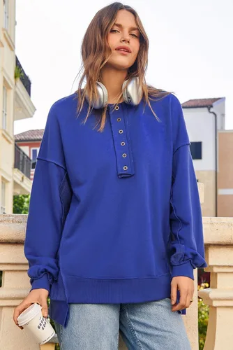 Miniatura 18 de AlvaQ - Sudadera de gran tamaño para mujer, informal, de manga larga, con botones y cuello Henley, tipo túnica
