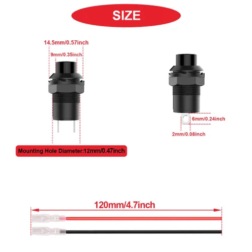Miniatura 4 de 12 piezas de interruptor de botón de presión mini redondo negro de 12 mm con bloqueo automático AC 250 V 1.5 A 125 V 3 A encendido/apagado 2 pines