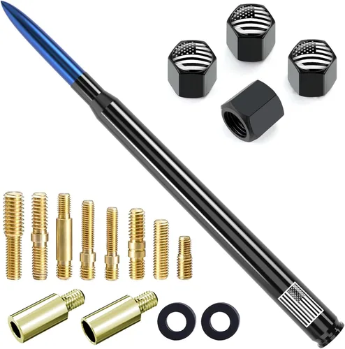Miniatura 22 de Antena de camión para automóvil con tapas de válvula de neumáticos, bandera estadounidense, repuesto corto universal para GMC Sierra, Chevy, Negro