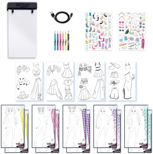 Miniatura 4 de Canal Toys Tablero de luz - Moda con kit creativo completo - Mesa de dibujo LED con lápices, plantillas y calcomanías, juego de ropa con accesorios