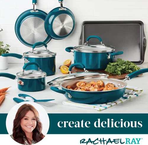 Miniatura 7 de Rachael Ray Create Delicious - Juego de ollas y sartenes de inducción antiadherentes, 13 piezas, verde azulado brillante