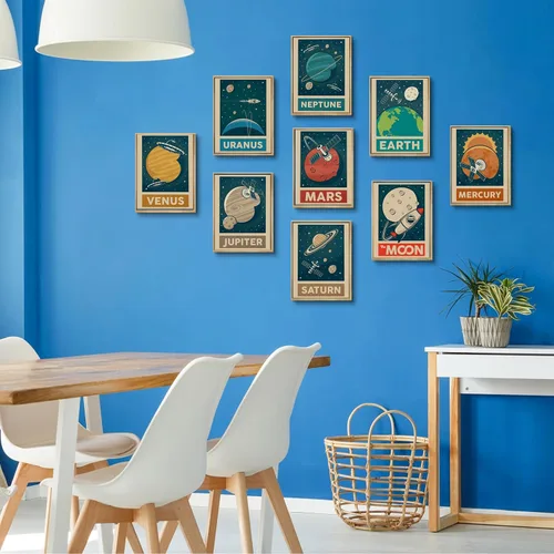 Miniatura 2 de 9 piezas de arte de pared retro del sistema solar para cuarto de niños, imágenes espaciales retroespaciales, galaxia, decoración de pared, pinturas
