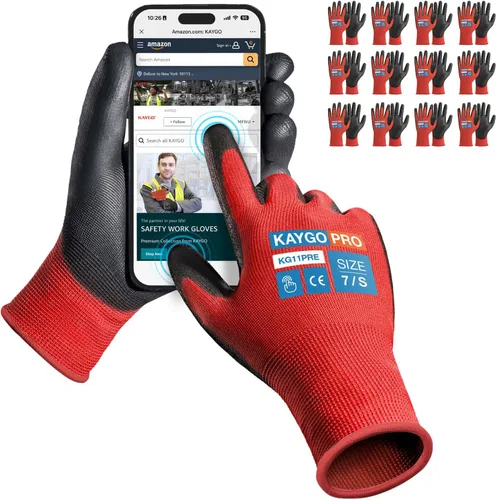 Miniatura 65 de KAYGO KG11PB - Guantes de seguridad con revestimiento delgado de poliuretano, tejido sin costuras, agarre suave en palma y dedos, para trabajo Verde