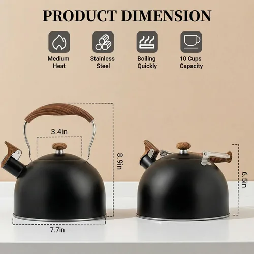 Miniatura 3 de Tetera para estufa, hervidor de té silbante de 2.5 cuartos de galón, estufa de acero inoxidable de grado alimenticio con mango plegable de madera