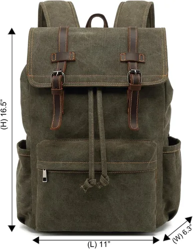 Miniatura 2 de HuaChen Mochila de lona, mochila vintage para laptop de 14 pulgadas, mochila de viaje y senderismo con bolsillo antirrobo, ribete de cuero genuino