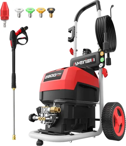 Lavadora a presión, 2800 PSI 2.0 GPM Max Lavadora eléctrica con cañón de espuma y juego de 5 boquillas, lavadora a presión portátil con ruedas de 8
