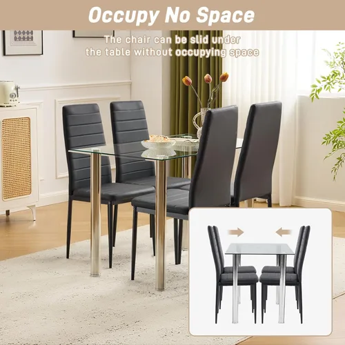 Miniatura 6 de Karl home Juego de 4 sillas de comedor, sillas de cocina de cuero sintético PU negro con respaldo alto acolchado y protección de tapas para pies