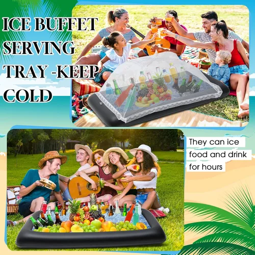 Miniatura 4 de Leitee Kit de barra inflable de 3 piezas, incluye bandeja de buffet de ensalada con tapón de drenaje, cubierta de malla, recipientes de bebidas