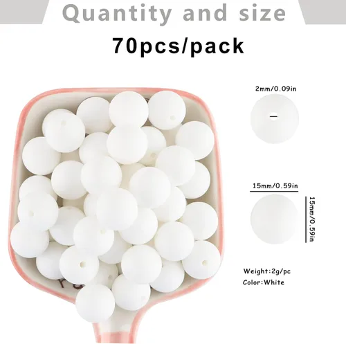 Miniatura 2 de Sunrony 70 cuentas de silicona para hacer collares, cuentas redondas de silicona a granel de 0.591 in para bolígrafos (blanco)