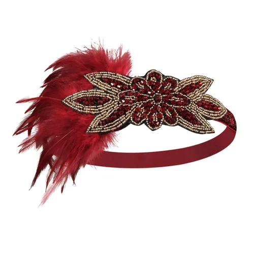 Miniatura 2 de SWEETV Diadema de plumas de los años 20, tocado Showgirl con lentejuelas de los años 20, accesorios para el cabello Gatsby para mujer, Borgoña