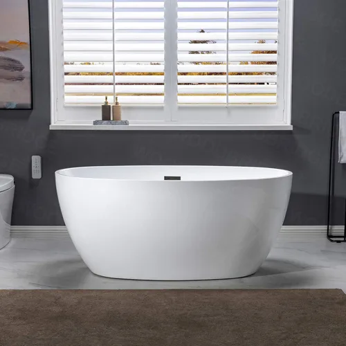 Miniatura 11 de WOODBRIDGE Bañera de acrílico independiente de 55 pulgadas, bañera blanca de remojo contemporáneo con desbordamiento y drenaje negro mate, B1418