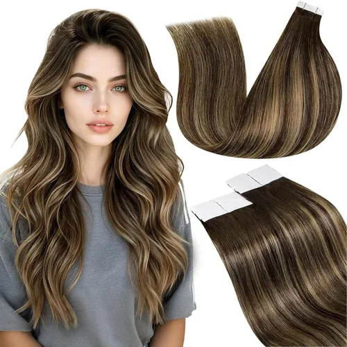 Miniatura 27 de LaaVoo Extensiones adhesivas de cabello humano real, color negro azabache, extensiones de cabello humano liso y sedoso, 10 pulgadas, 20