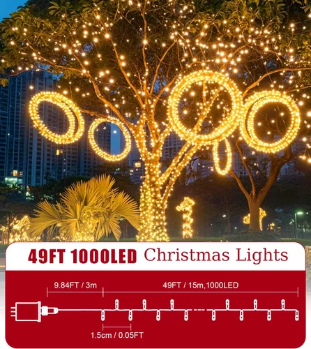 Miniatura 3 de Tira de luces de Navidad de 1000 LED de color blanco cálido de 49 pies para exteriores, con 8 modos, impermeable IP44, enchufable, para árbol