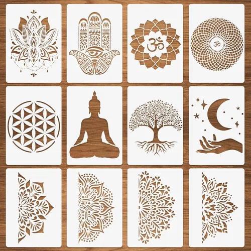 12 plantillas de geometría sagrada – Mano de Hamsa, Torus, Om, Lotus, Luna, Mandala, Zen, Flor de la Vida, Yoga, Espiritual, Plantillas de